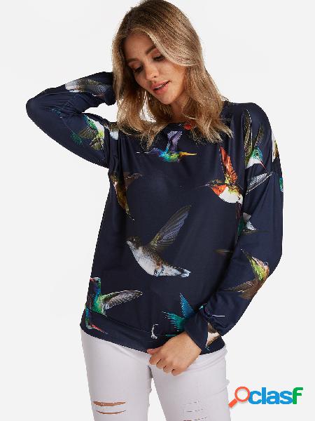 Navy Random Floral Print Round Neck Sweatshirt