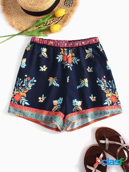 Navy Random Floral Print Stretch Waist Shorts