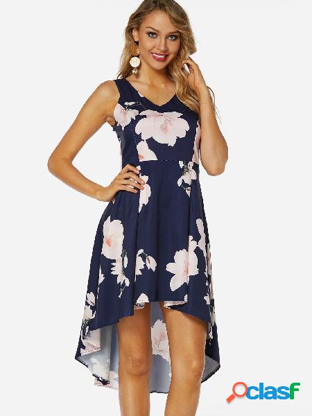 Navy Random Floral Print V-neck Sleeveless High-low hem