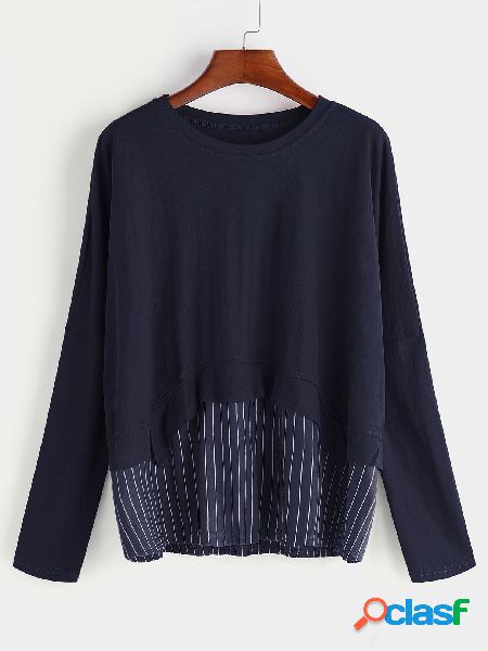 Navy Round Neck Long Sleeves Patchwork Hem T-shirts