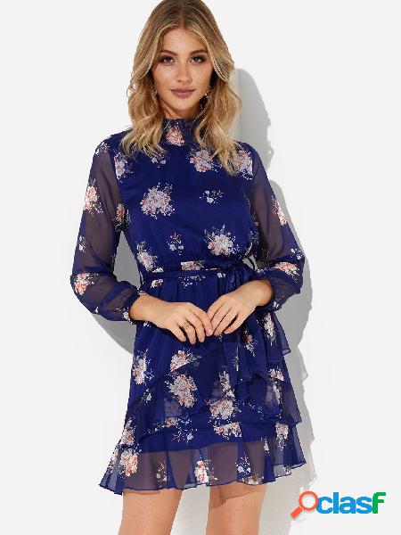 Navy See Through Design Random Floral Print Long Sleeves