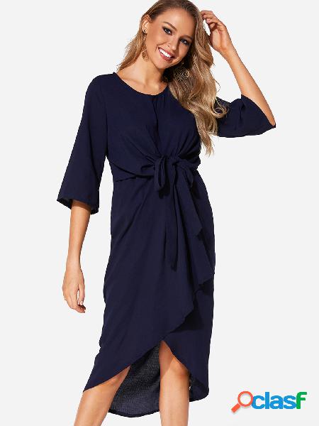 Navy Self-tie Design 3/4 Length Sleeves Dress