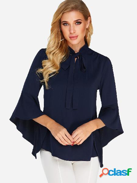 Navy Self-tie Design Plain 3/4 Length Flared Sleeves Shirt