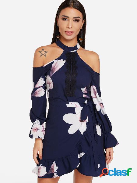 Navy Self-tie Design Random Floral Print Cold Shoulder Mini