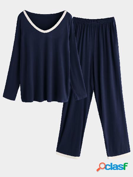 Navy Side Pockets V-neck Long Sleeves Pajama Sets