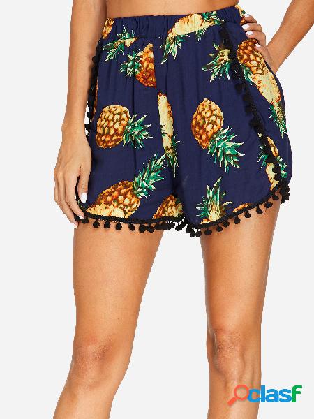 Navy Wide Leg Random Pineapple Print Stretchy Waist Shorts