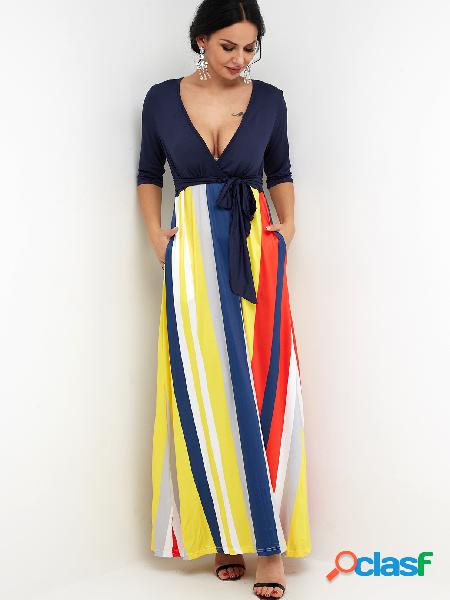Navy Wrap V-neck Tie-up Front Colorful Stripe Maxi Dress