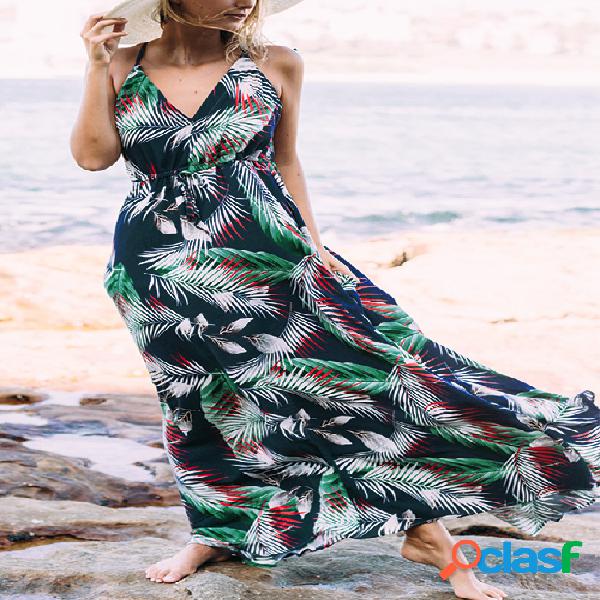 Navy and Green Tropical Leaves Printed Maxi Dress