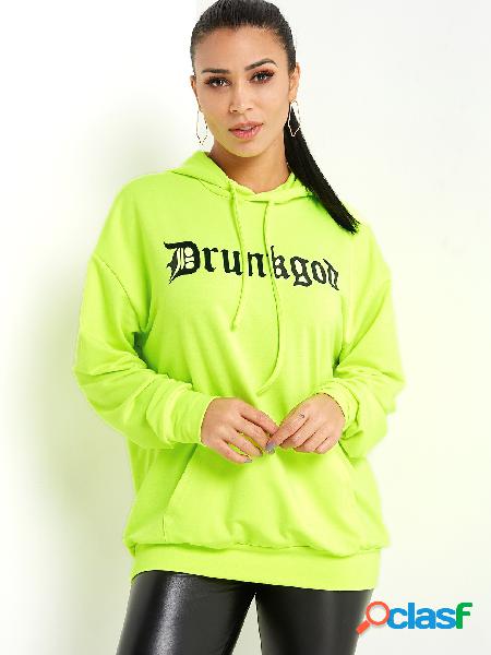 Neon Green Kangaroo Pocket Letter Pattern Long Sleeves