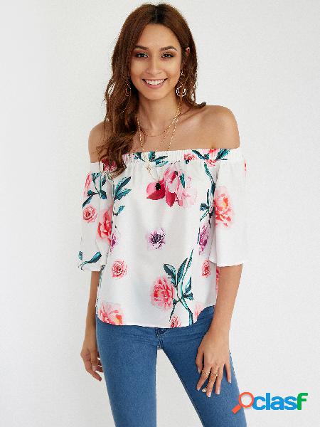 Off Shoulder Random Floral Print Blouse in White