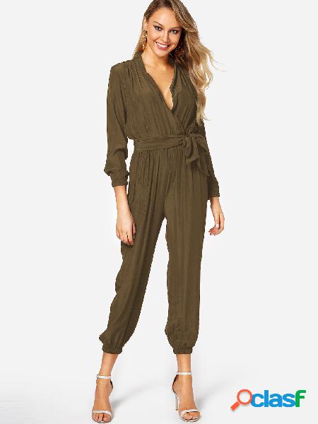 Olive Deep V Neck Self-tied Long Sleeves High-waisted