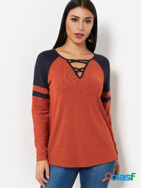 Orange Color Block Criss-cross V-neck Long Sleeves T-shirts