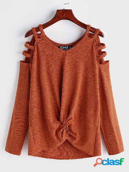 Orange Knotted Cut Out Plain Cold Shoulder Long Sleeves