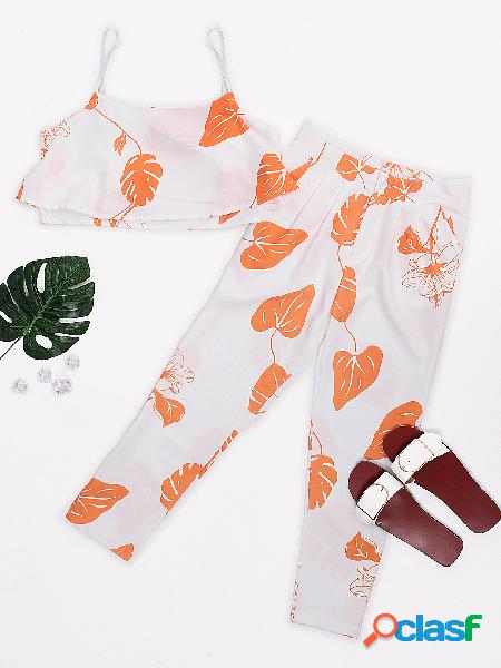 Orange Random Floral Print Crop Top & Pants Suits
