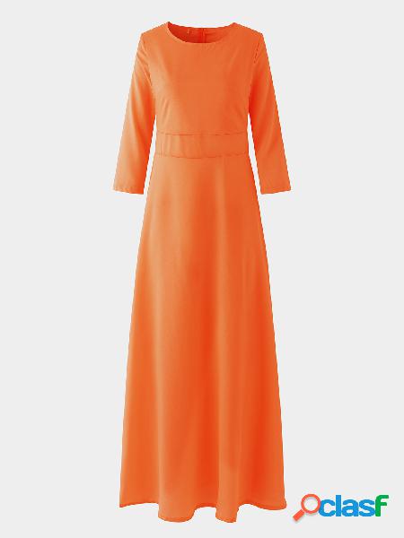 Orange Round Neck 3/4 Length Sleeves Maxi Dress
