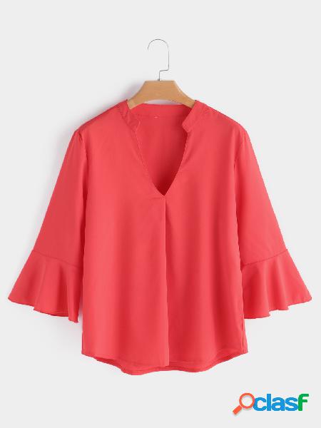 Orange V-neck Bell Sleeves Blouse