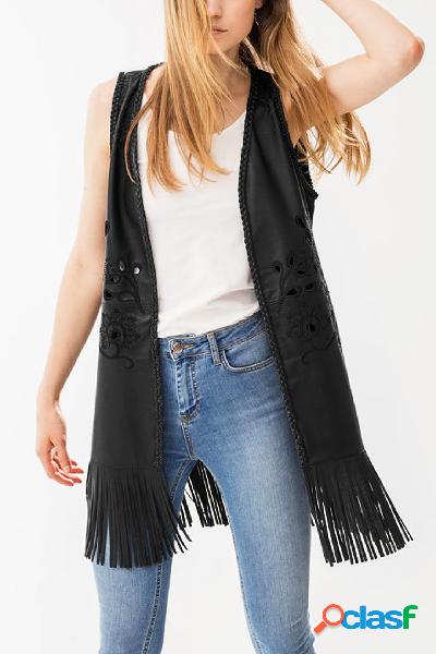 PU Fringed Vest with Embroidery Details