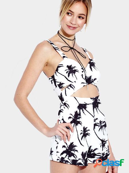Pastoral Palm Tree Print Playsuit with Cut Out Detail
