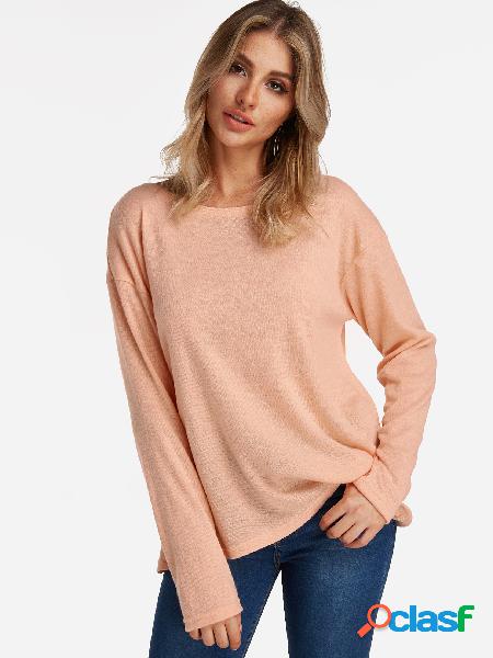 Pink Adjustable Neck Plain Round Neck Long Sleeves T-shirts