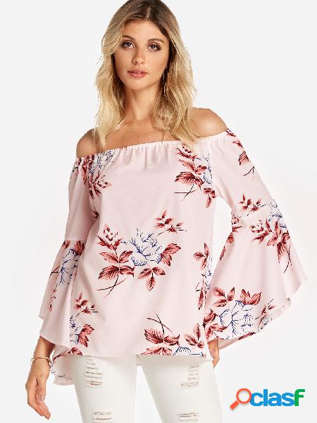 Pink Backless Design Floral Print Off Shoulder Flared