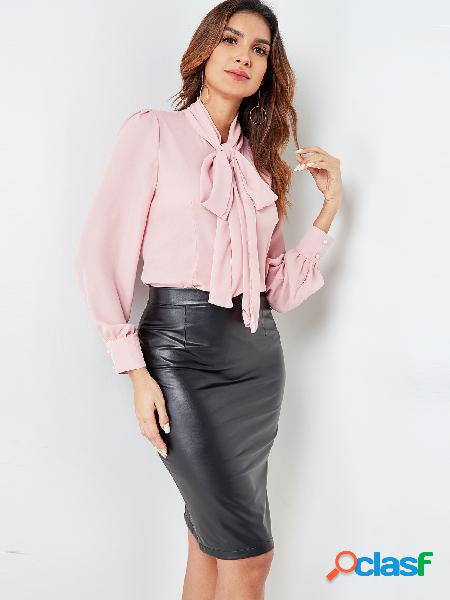 Pink Bow Self-tie Neck Long Sleeves Blouse