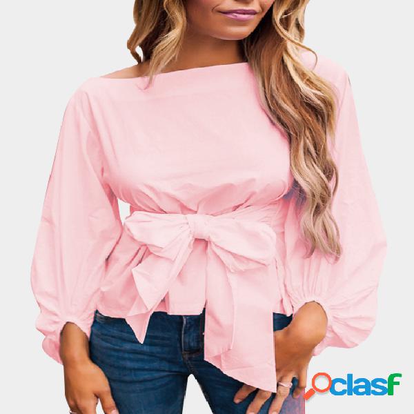 Pink Bowknot Design Round Neck Long Sleeves Blouses