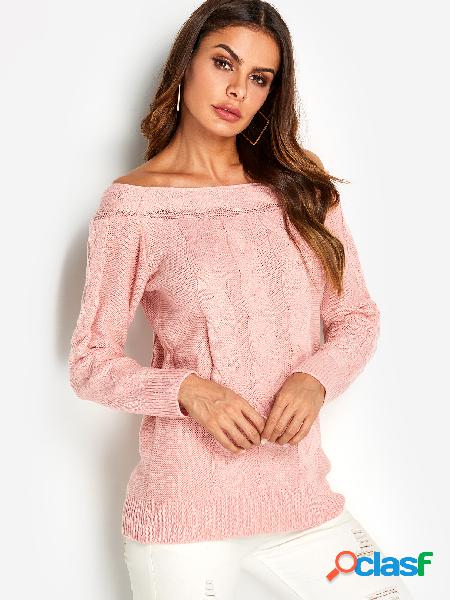 Pink Cable Knit Off The Shoulder Long Sleeves Sweater