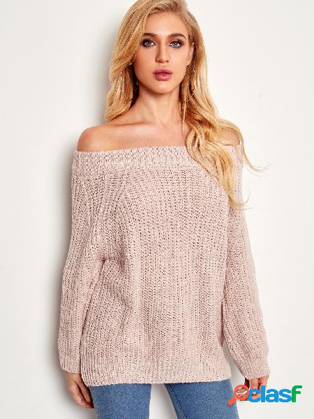 Pink Cable Knit Plain Off The Shoulder Long Sleeves Sweaters