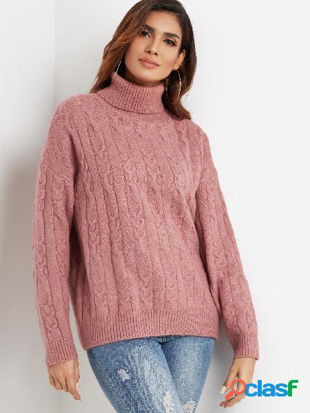 Pink Cable Knit Roll Neck Long Sleeves Sweater