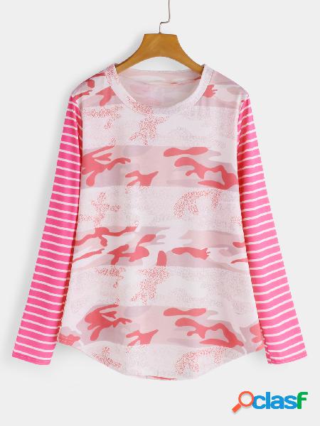 Pink Camouflage Stripe Pattern Crew Neck Long Sleeves