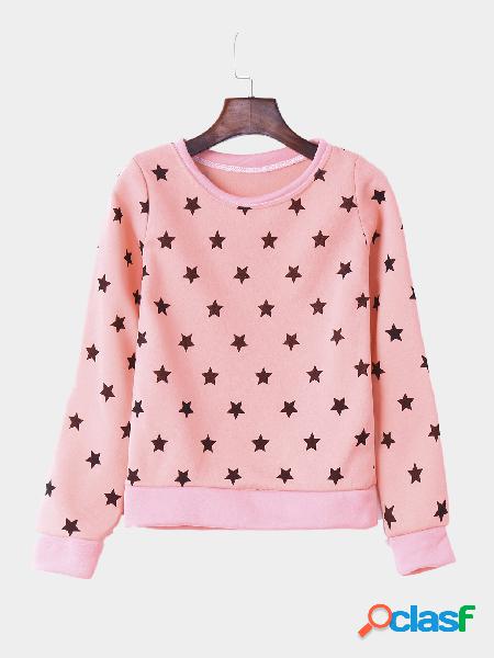 Pink Casual Star Pattern Round Neck Long Sleeves Sweatshirt