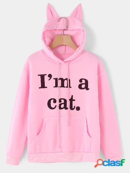 Pink Cat Ear Printed Pullover Long Sleeves Hoodie