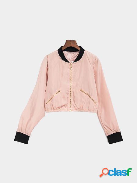 Pink Chimney Collar Zipper Front Jacket With Side Zippers