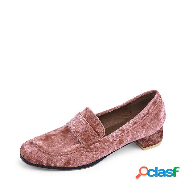 Pink Chunky Heel Slip-on Velvet Flats