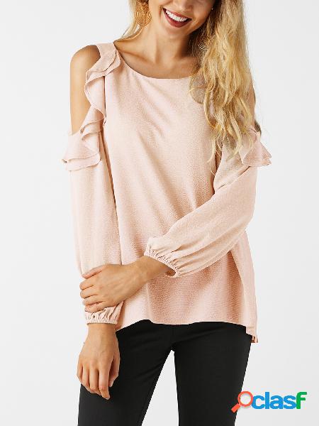 Pink Cold Shoulder Design Crew Neck Flounced Tiered Details