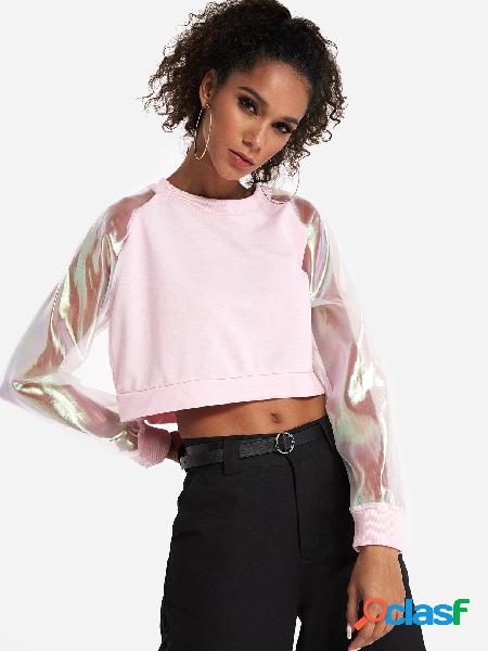 Pink Color Block Long Sleeves Crop Sweatshirt