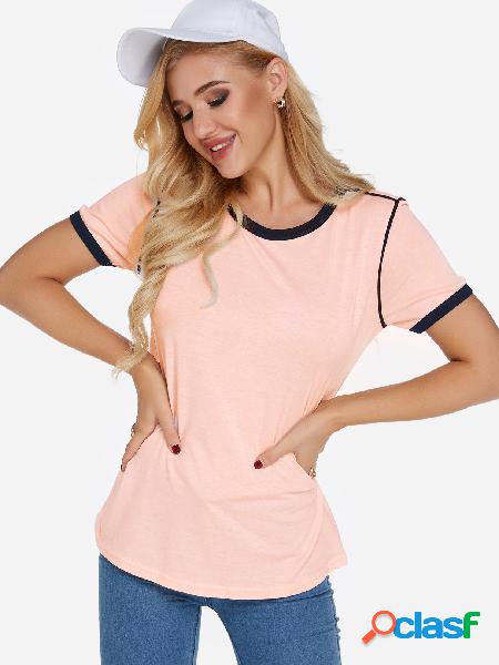 Pink Crew Neck Short Sleeves Plain T-shirt