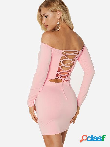Pink Criss-cross Off The Shoulder Long Sleeves Bodycon Dress