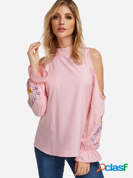 Pink Cut Out Embroidered Cold Shoulder Long Sleeves Blouses