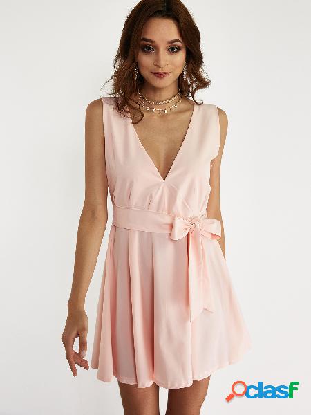 Pink Deep V-neck Backless Mini Dress with Self-tie Design