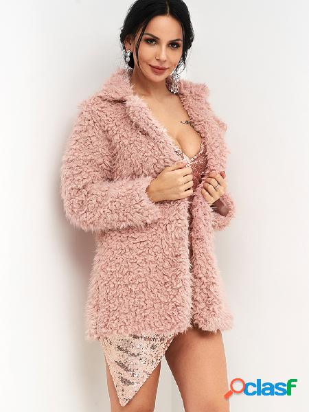 Pink Faux Fur Lapel Collar Long Sleeves Coat