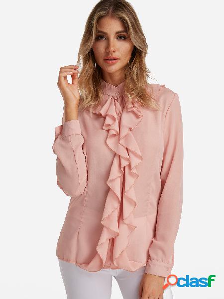 Pink Flared Design Perkins Collar Long Sleeves Blouse