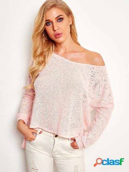Pink High-Low Plain One Shoulder Long Sleeves Sweaters