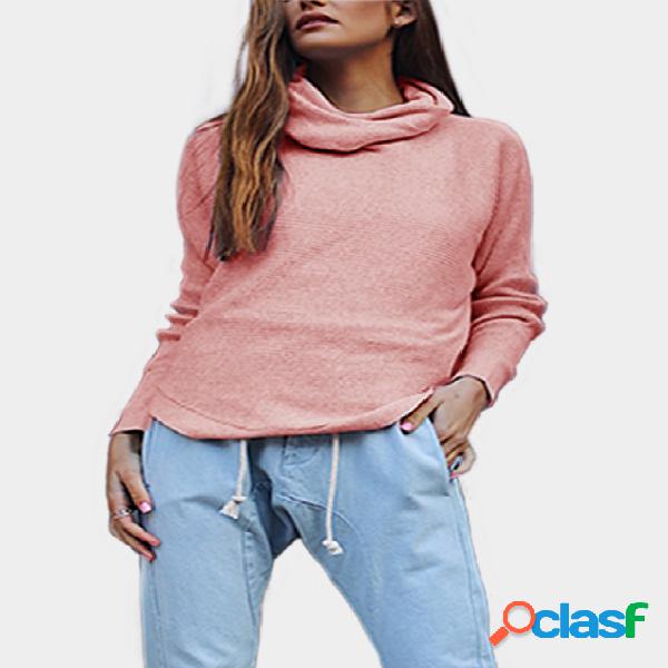 Pink High Neck Long Sleeves Curved Hem Sweaters