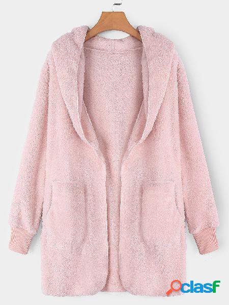 Pink Hooded Lapel Collar Long Sleeves Sweaters Coat