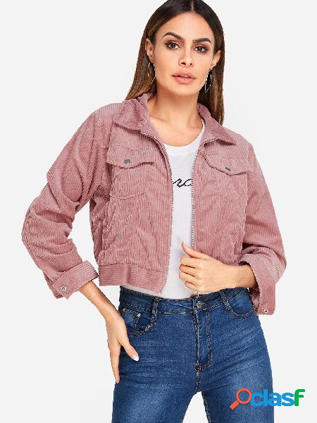Pink Lapel Collar Long Sleeves Zip Fastening Jacket With