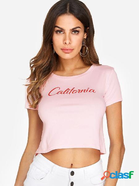 Pink Letter Pattern Round Neck Crop T-shirts