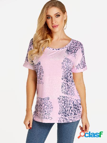 Pink Letter Print Round Neck Short Sleeves T-shirt