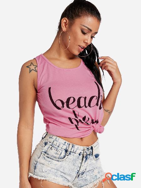 Pink Letter Printed Round Neck Sleeveless Gym Tops