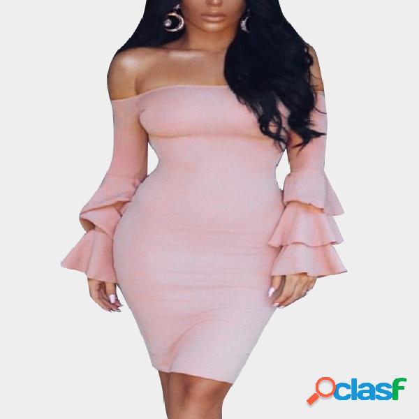 Pink Off Shoulder Ruffle Bell Sleeves Bodycon Mini Dresses